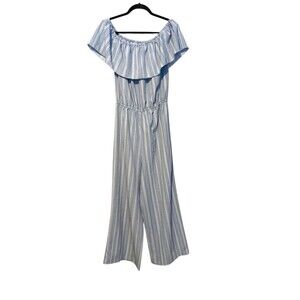 Kiwi & Punch Off The Shoulder Jumpsuit  Size L Blue White Elastic Waist